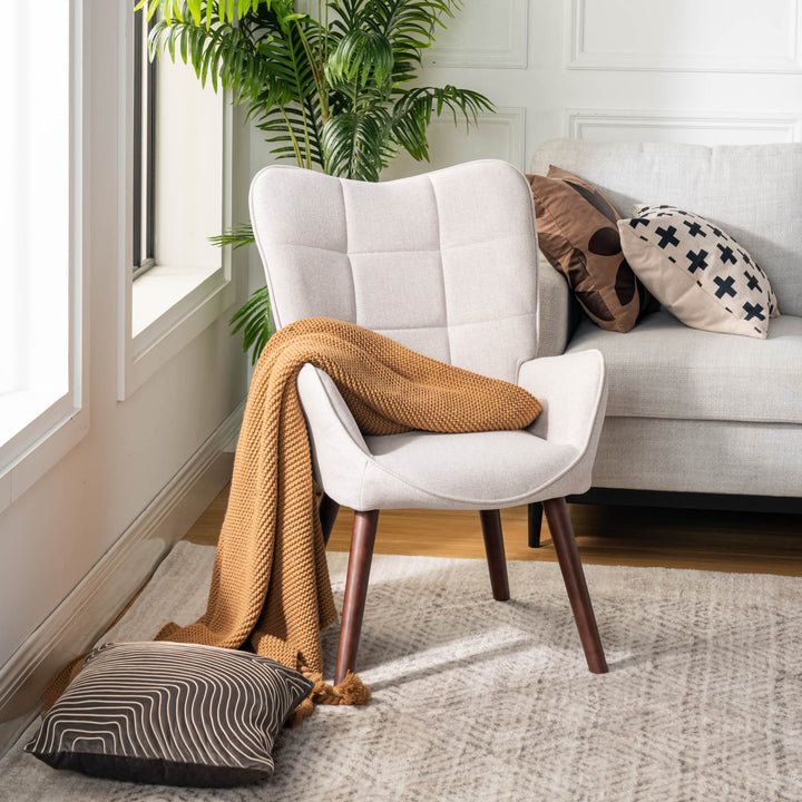 FurnitureR Ohrensessel mit Knopfheftung für Schlaf-/Wohnzimmer, ergonomischer Sessel mit hoher Rückenlehne, Stoffbezug, Beige/Walnuss