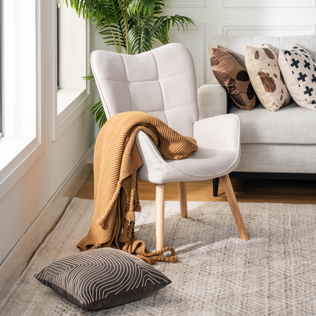 FurnitureR Chaise d'appoint avec pieds en bois de hêtre naturel, fauteuil en tissu pour salon, bureau, salon, réception, beige