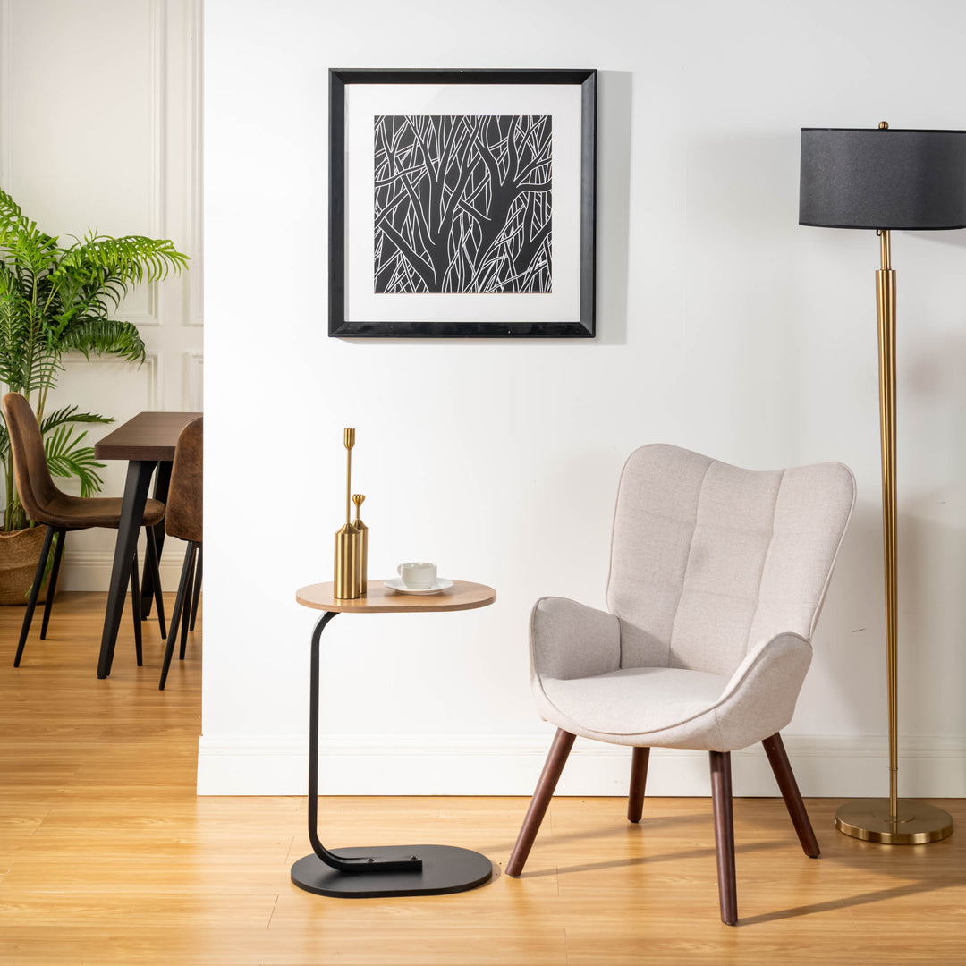 FurnitureR Ohrensessel mit Knopfheftung für Schlaf-/Wohnzimmer, ergonomischer Sessel mit hoher Rückenlehne, Stoffbezug, Beige/Walnuss