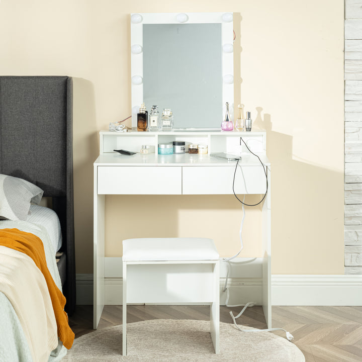 Ensemble coiffeuse FurnitureR, coiffeuse avec miroir et éclairage, ensemble table et tabouret de maquillage, coiffeuse en bois avec 2 tiroirs, blanc