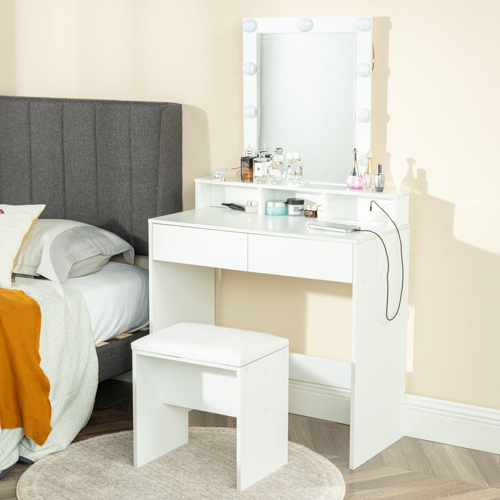 Ensemble coiffeuse FurnitureR, coiffeuse avec miroir et éclairage, ensemble table et tabouret de maquillage, coiffeuse en bois avec 2 tiroirs, blanc