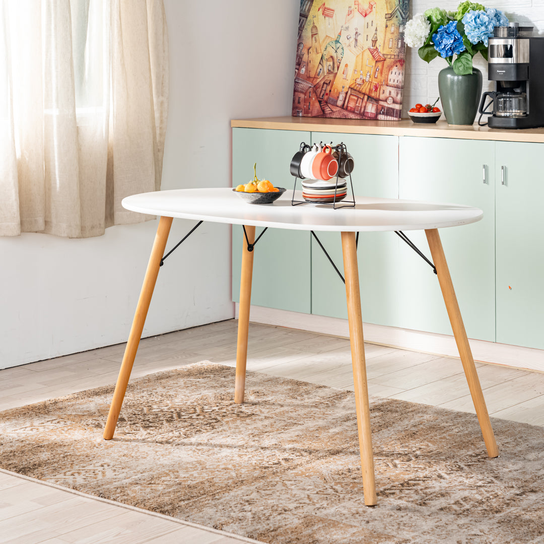 Moderner ovaler Esstisch von FurnitureR (120 cm Durchmesser) für 4-6 Personen, funktionaler weißer Tisch mit Holzbeinen für Zuhause, Büro, Küche, Esszimmer und Terrasse