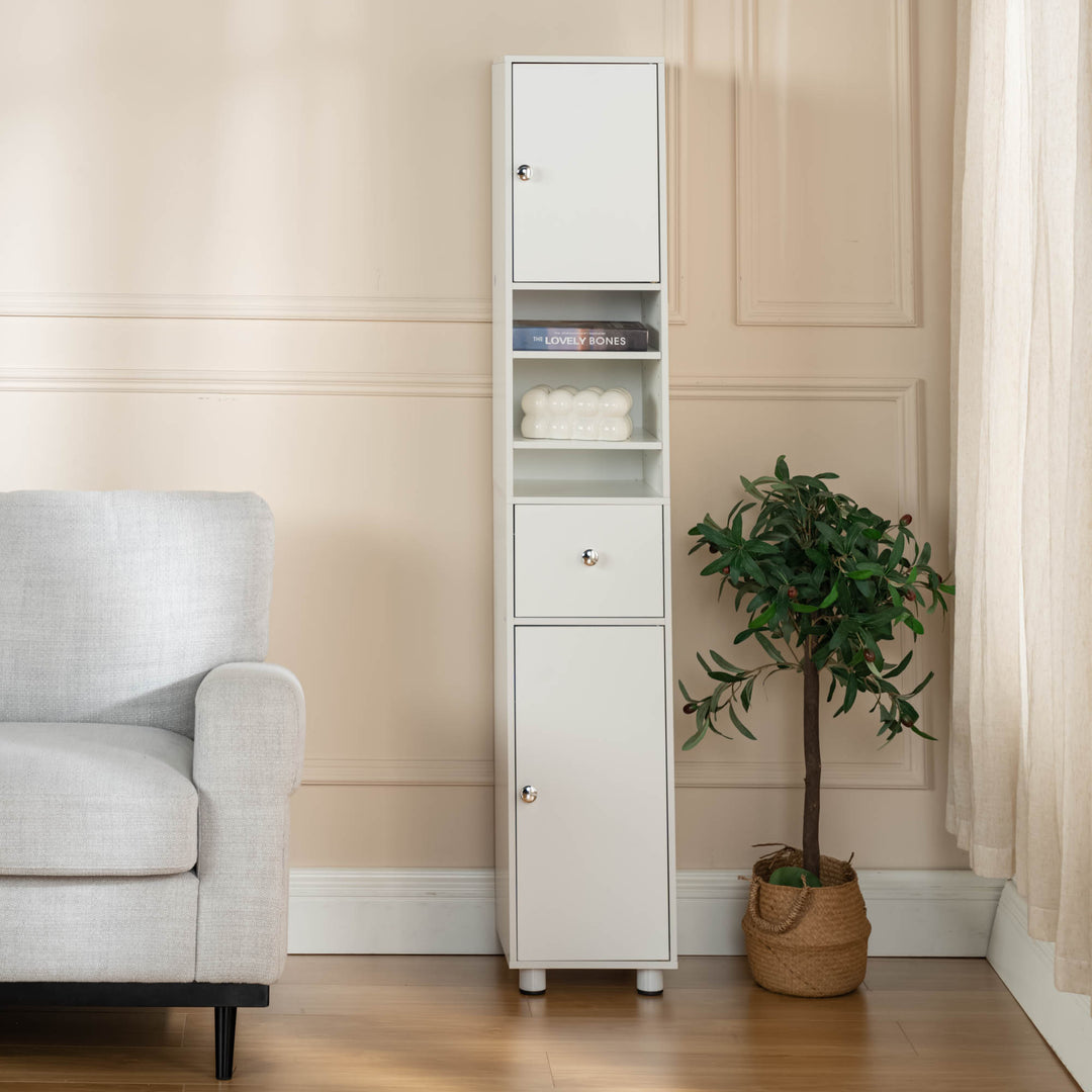 FurnitureR Hoher Aufbewahrungsschrank, 180 cm schmaler Wäscheschrank mit Schublade und Regalböden, freistehender Organizer für Badezimmer, Wohnzimmer, Waschküche 