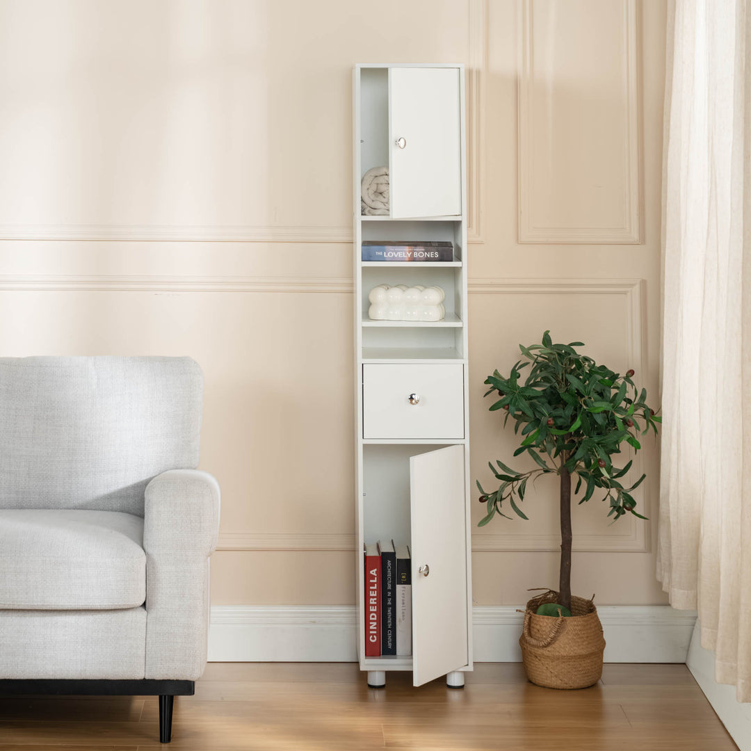 FurnitureR Hoher Aufbewahrungsschrank, 180 cm schmaler Wäscheschrank mit Schublade und Regalböden, freistehender Organizer für Badezimmer, Wohnzimmer, Waschküche 