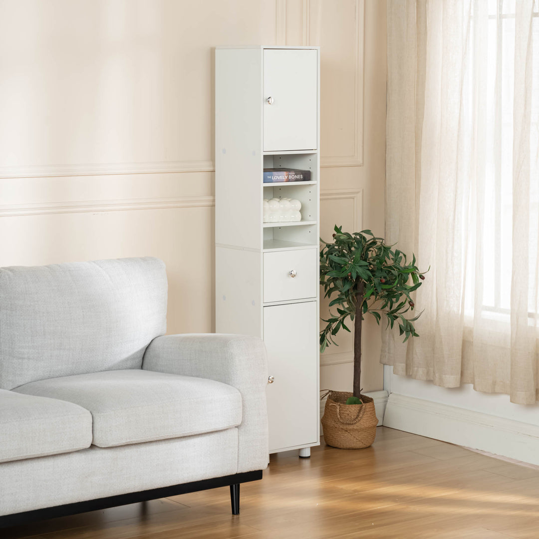 FurnitureR Hoher Aufbewahrungsschrank, 180 cm schmaler Wäscheschrank mit Schublade und Regalböden, freistehender Organizer für Badezimmer, Wohnzimmer, Waschküche 