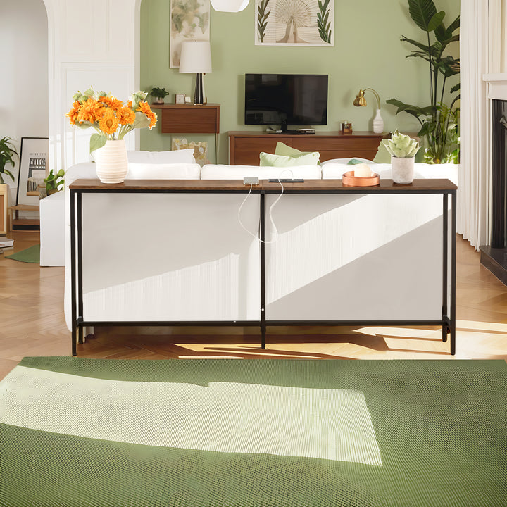 Console étroite FurnitureR, 180 cm (70,8 pouces), idéale derrière un canapé, avec station de charge, ports USB et prise électrique, marron.