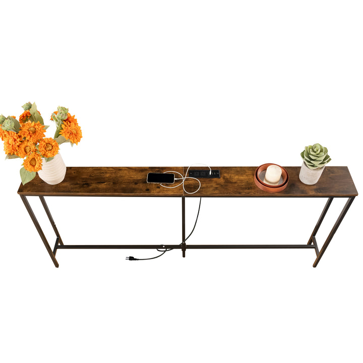 Console étroite FurnitureR, 180 cm (70,8 pouces), idéale derrière un canapé, avec station de charge, ports USB et prise électrique, marron.