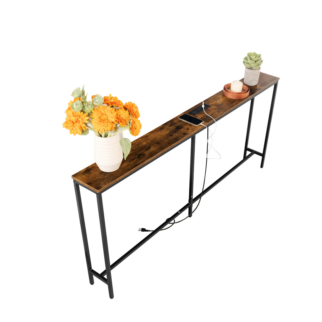 Console étroite FurnitureR, 180 cm (70,8 pouces), idéale derrière un canapé, avec station de charge, ports USB et prise électrique, marron.