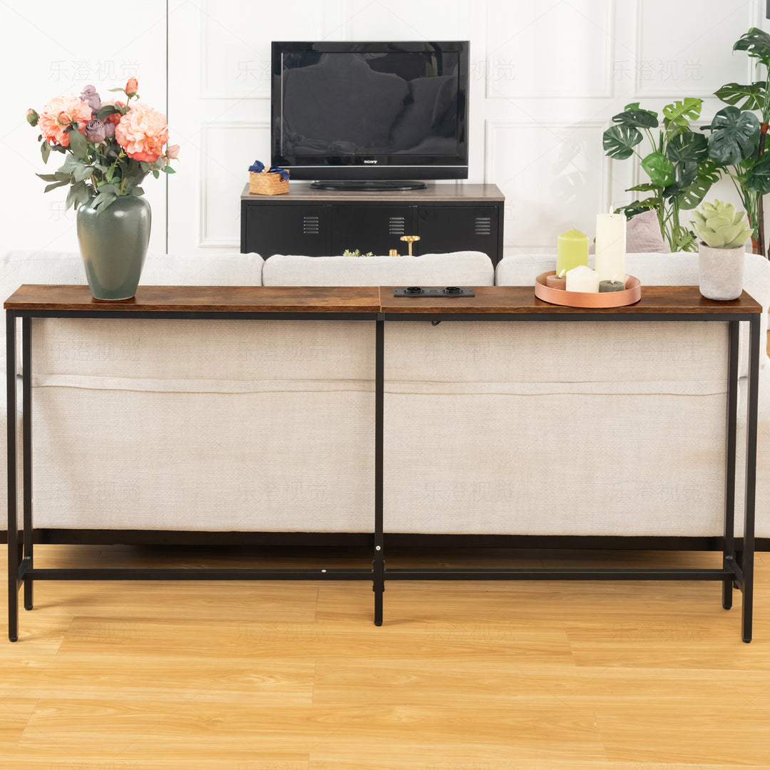 Möbelstück R L180cm Konsolen-Ladestation, schlank, Industrie-Stil, Eingangsbereich mit 2 USB-Anschlüssen, schmaler Beistelltisch für Sofa, Flur, Wohnzimmer, Büro, rustikales Braun, Metall