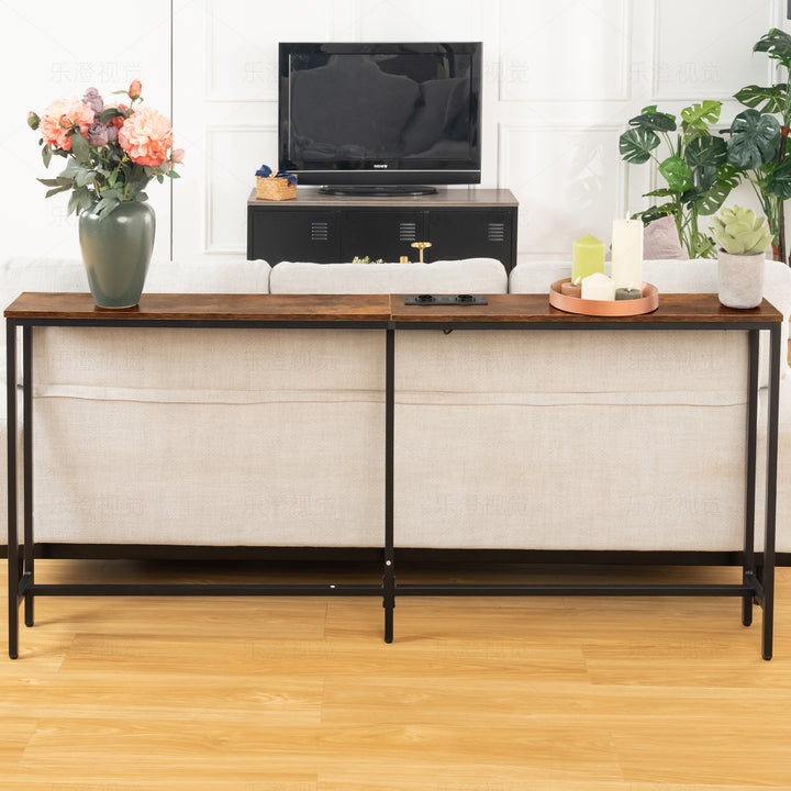 Möbelstück R L180cm Konsolen-Ladestation, schlank, Industrie-Stil, Eingangsbereich mit 2 USB-Anschlüssen, schmaler Beistelltisch für Sofa, Flur, Wohnzimmer, Büro, rustikales Braun, Metall