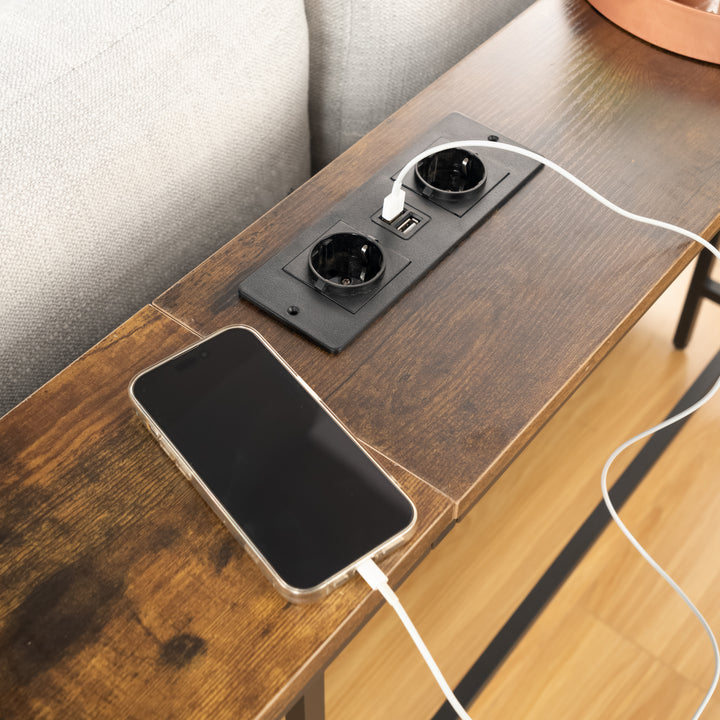 Möbelstück R L180cm Konsolen-Ladestation, schlank, Industrie-Stil, Eingangsbereich mit 2 USB-Anschlüssen, schmaler Beistelltisch für Sofa, Flur, Wohnzimmer, Büro, rustikales Braun, Metall