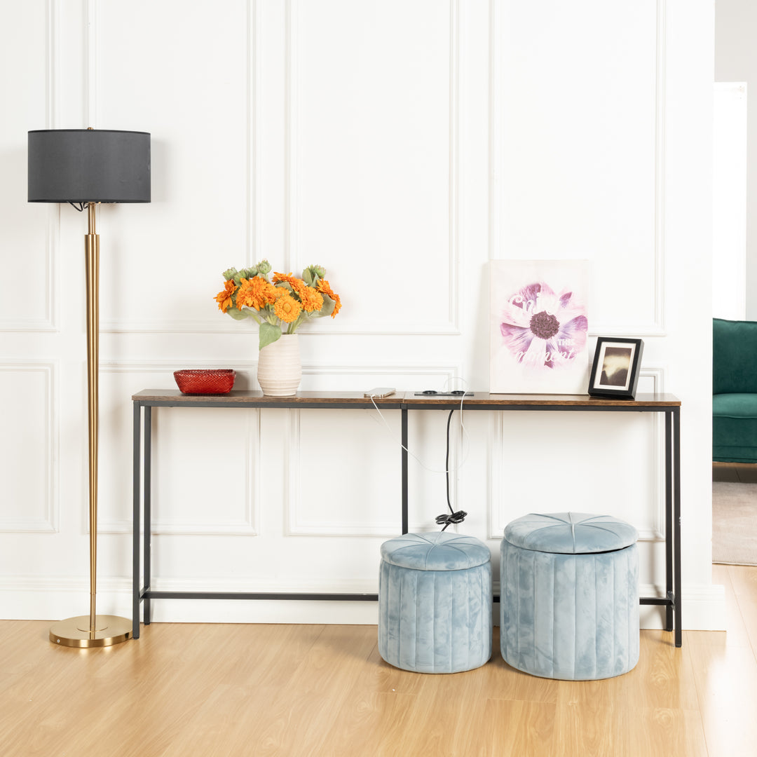 Möbelstück R L180cm Konsolen-Ladestation, schlank, Industrie-Stil, Eingangsbereich mit 2 USB-Anschlüssen, schmaler Beistelltisch für Sofa, Flur, Wohnzimmer, Büro, rustikales Braun, Metall