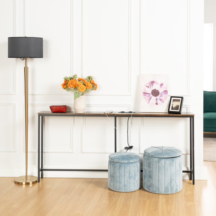 Möbelstück R L180cm Konsolen-Ladestation, schlank, Industrie-Stil, Eingangsbereich mit 2 USB-Anschlüssen, schmaler Beistelltisch für Sofa, Flur, Wohnzimmer, Büro, rustikales Braun, Metall