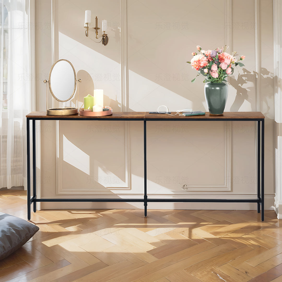 Möbelstück R L180cm Konsolen-Ladestation, schlank, Industrie-Stil, Eingangsbereich mit 2 USB-Anschlüssen, schmaler Beistelltisch für Sofa, Flur, Wohnzimmer, Büro, rustikales Braun, Metall