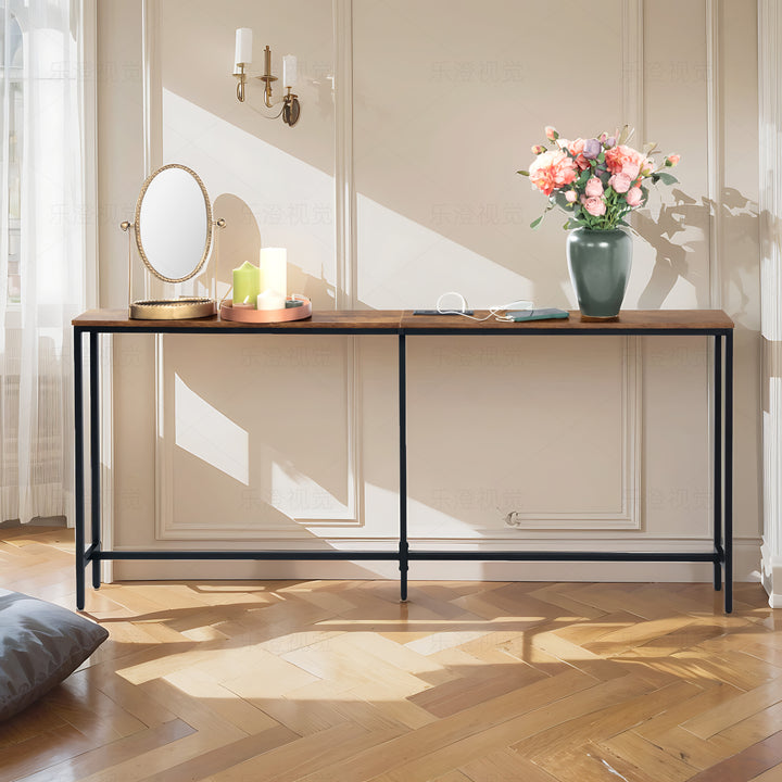 Möbelstück R L180cm Konsolen-Ladestation, schlank, Industrie-Stil, Eingangsbereich mit 2 USB-Anschlüssen, schmaler Beistelltisch für Sofa, Flur, Wohnzimmer, Büro, rustikales Braun, Metall