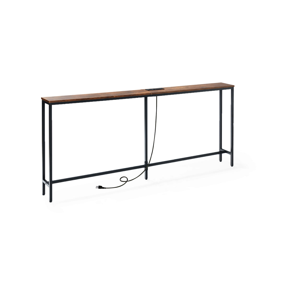 Console étroite FurnitureR, 180 cm (70,8 pouces), idéale derrière un canapé, avec station de charge, ports USB et prise électrique, marron.