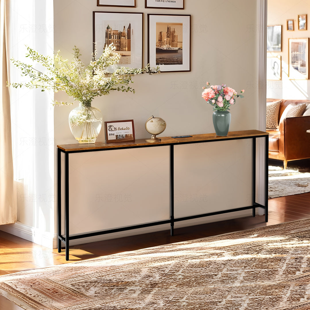 Möbelstück R L180cm Konsolen-Ladestation, schlank, Industrie-Stil, Eingangsbereich mit 2 USB-Anschlüssen, schmaler Beistelltisch für Sofa, Flur, Wohnzimmer, Büro, rustikales Braun, Metall