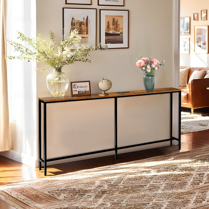 Möbelstück R L180cm Konsolen-Ladestation, schlank, Industrie-Stil, Eingangsbereich mit 2 USB-Anschlüssen, schmaler Beistelltisch für Sofa, Flur, Wohnzimmer, Büro, rustikales Braun, Metall