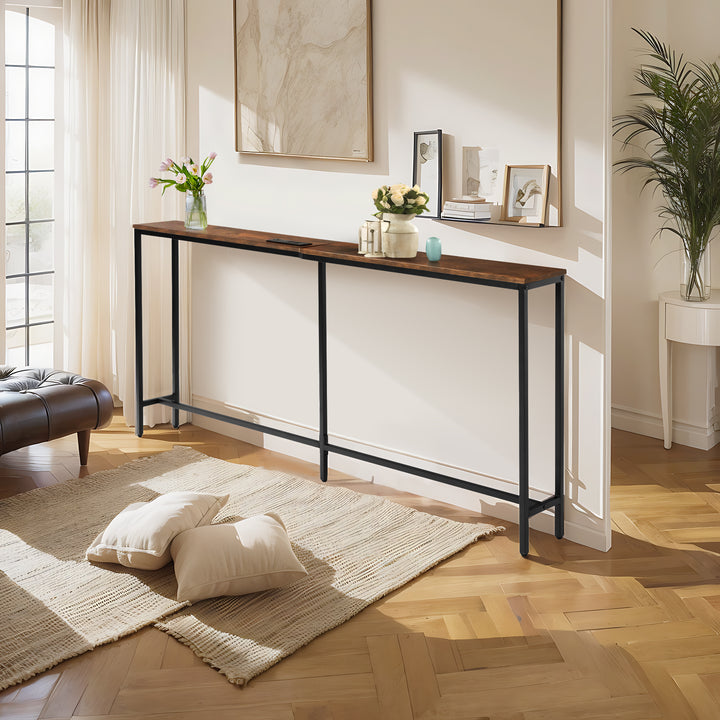 Console étroite FurnitureR, 180 cm (70,8 pouces), idéale derrière un canapé, avec station de charge, ports USB et prise électrique, marron.
