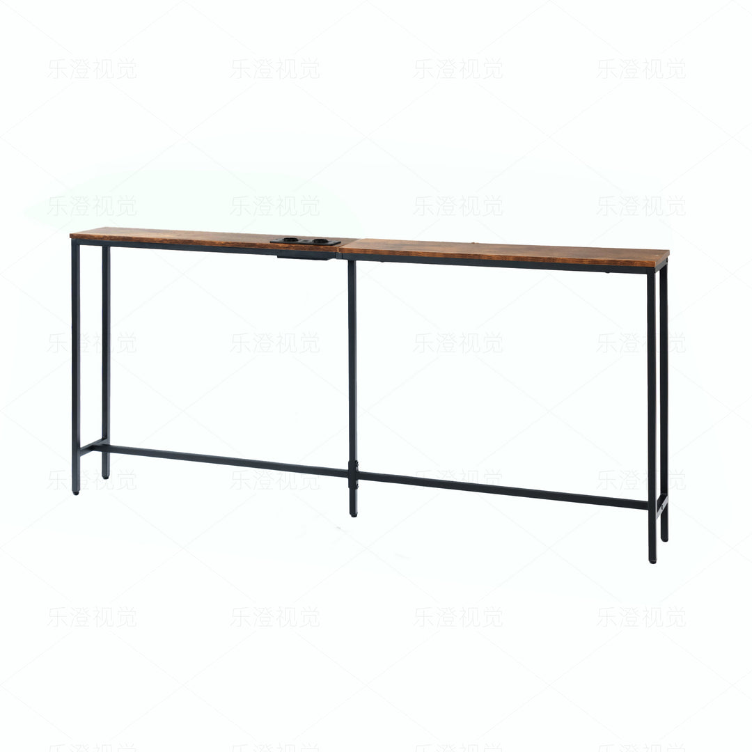 Möbelstück R L180cm Konsolen-Ladestation, schlank, Industrie-Stil, Eingangsbereich mit 2 USB-Anschlüssen, schmaler Beistelltisch für Sofa, Flur, Wohnzimmer, Büro, rustikales Braun, Metall