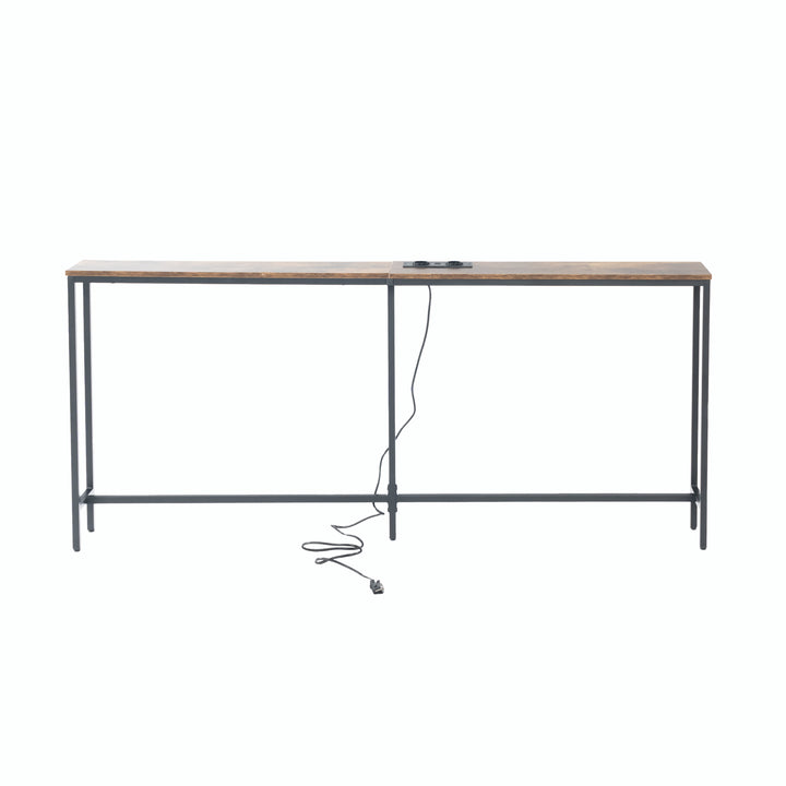 Möbelstück R L180cm Konsolen-Ladestation, schlank, Industrie-Stil, Eingangsbereich mit 2 USB-Anschlüssen, schmaler Beistelltisch für Sofa, Flur, Wohnzimmer, Büro, rustikales Braun, Metall