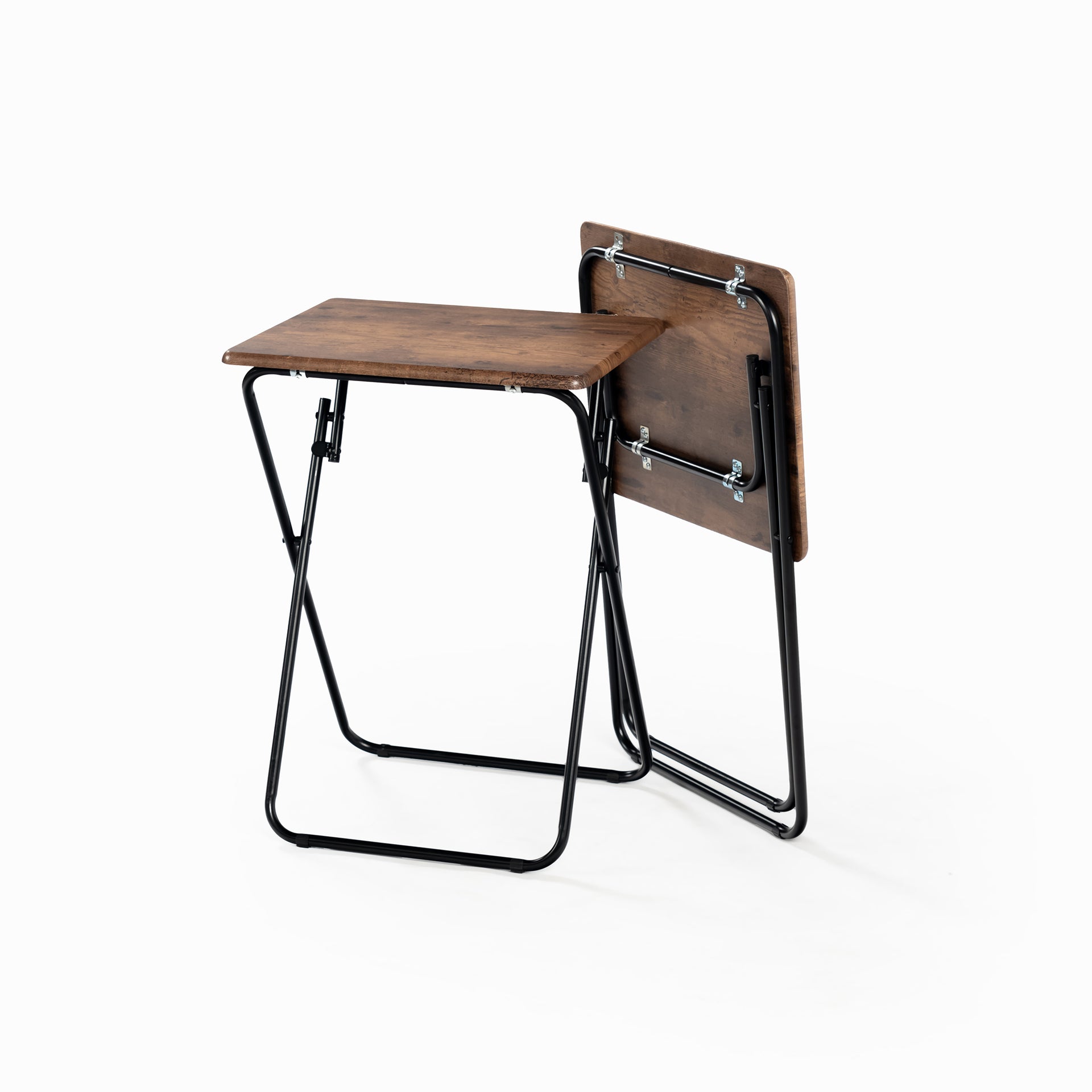 Ensemble de 2 plateaux-repas pliables FurnitureR, plateaux repas pliables, tables d'appoint compactes pour lit, canapé ou fauteuil, structure en métal et plateau en bois, marron