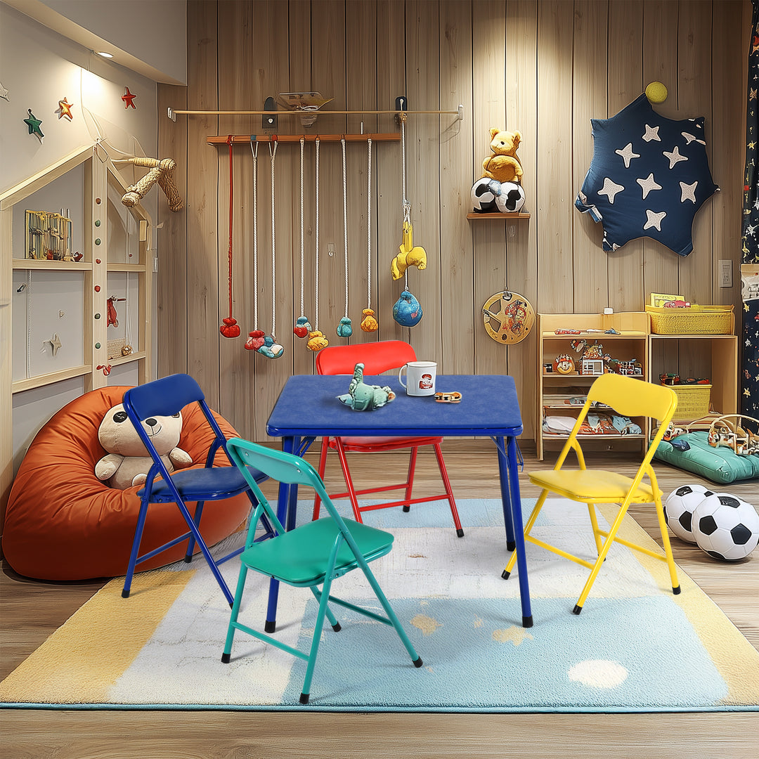 Kindermöbel-Set R, 5-teilig – Tisch und Stühle, farbenfrohe, klappbare Polsterstühle, tragbares Metallgestell, ideal für Schlafzimmer, Kindergarten, Spielzimmer, pflegeleichte Oberfläche, 61 x 61 x 50 cm