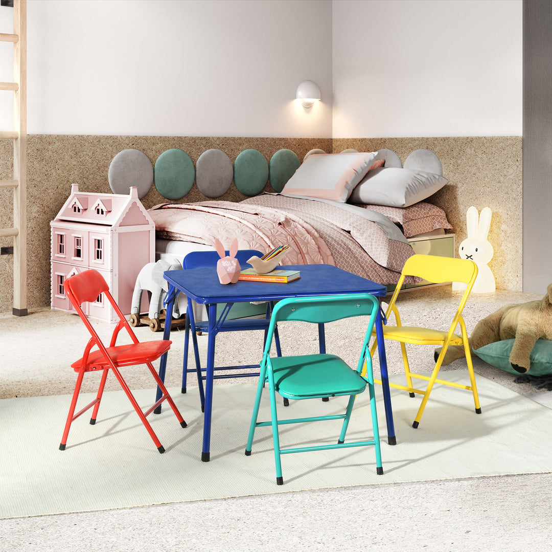 Kindermöbel-Set R, 5-teilig – Tisch und Stühle, farbenfrohe, klappbare Polsterstühle, tragbares Metallgestell, ideal für Schlafzimmer, Kindergarten, Spielzimmer, pflegeleichte Oberfläche, 61 x 61 x 50 cm
