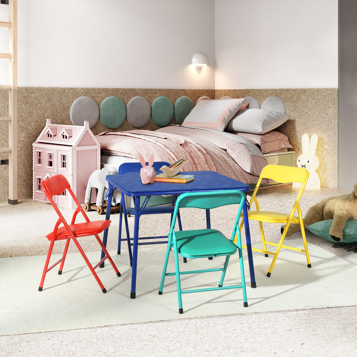 Kindermöbel-Set R, 5-teilig – Tisch und Stühle, farbenfrohe, klappbare Polsterstühle, tragbares Metallgestell, ideal für Schlafzimmer, Kindergarten, Spielzimmer, pflegeleichte Oberfläche, 61 x 61 x 50 cm