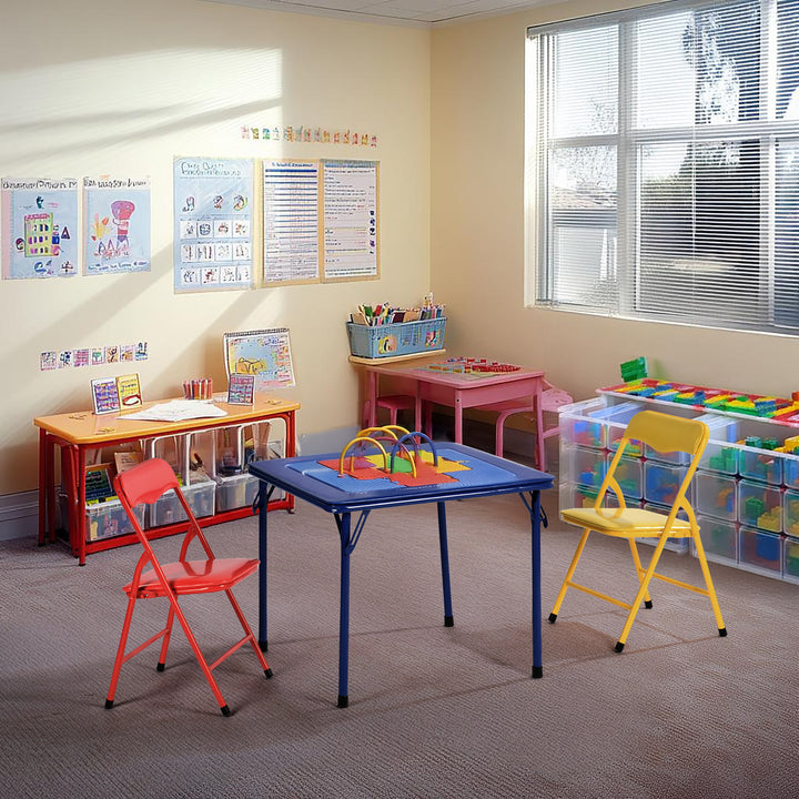 Kindermöbel-Set R, 5-teilig – Tisch und Stühle, farbenfrohe, klappbare Polsterstühle, tragbares Metallgestell, ideal für Schlafzimmer, Kindergarten, Spielzimmer, pflegeleichte Oberfläche, 61 x 61 x 50 cm