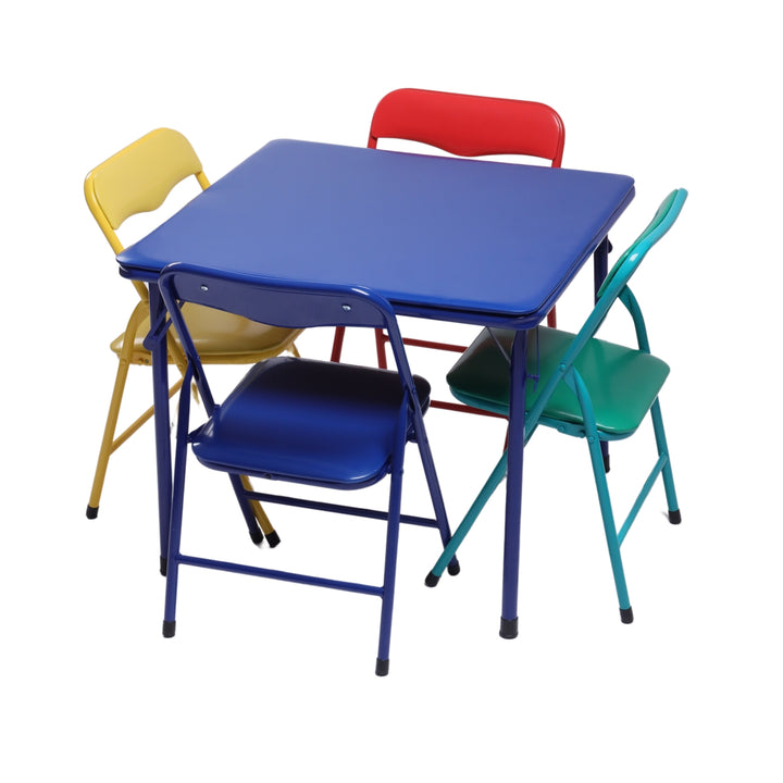 Kindermöbel-Set R, 5-teilig – Tisch und Stühle, farbenfrohe, klappbare Polsterstühle, tragbares Metallgestell, ideal für Schlafzimmer, Kindergarten, Spielzimmer, pflegeleichte Oberfläche, 61 x 61 x 50 cm
