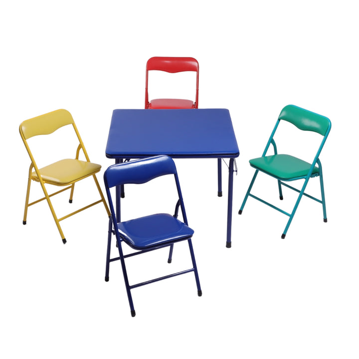 Kindermöbel-Set R, 5-teilig – Tisch und Stühle, farbenfrohe, klappbare Polsterstühle, tragbares Metallgestell, ideal für Schlafzimmer, Kindergarten, Spielzimmer, pflegeleichte Oberfläche, 61 x 61 x 50 cm