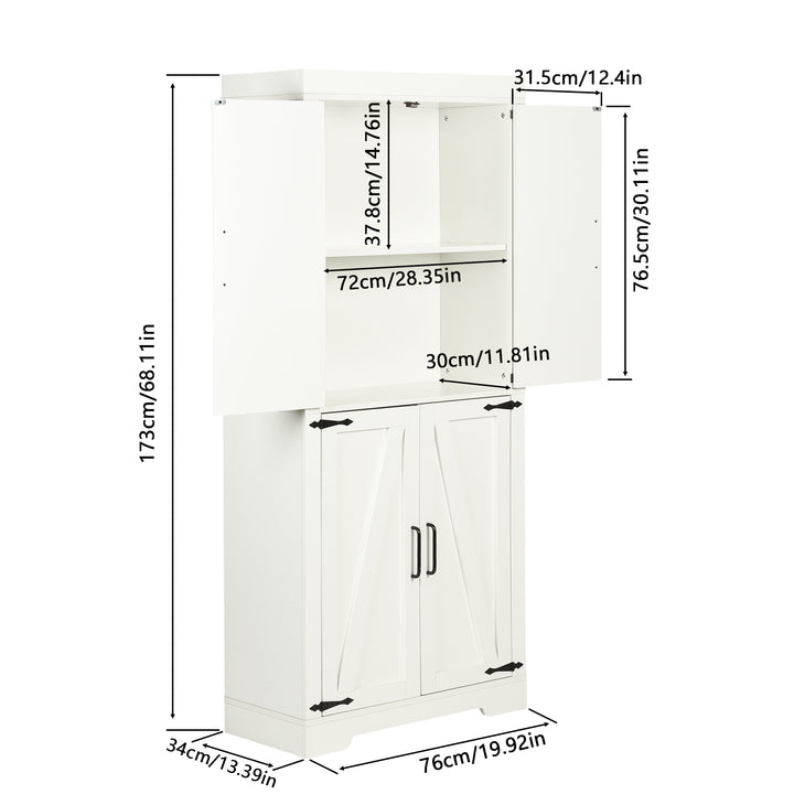 Meuble de rangement de cuisine FurnitureR de 173 cm de haut, armoire autoportante en bois avec 4 étagères et 4 portes, meuble blanc pour salle à manger, salon, bureau