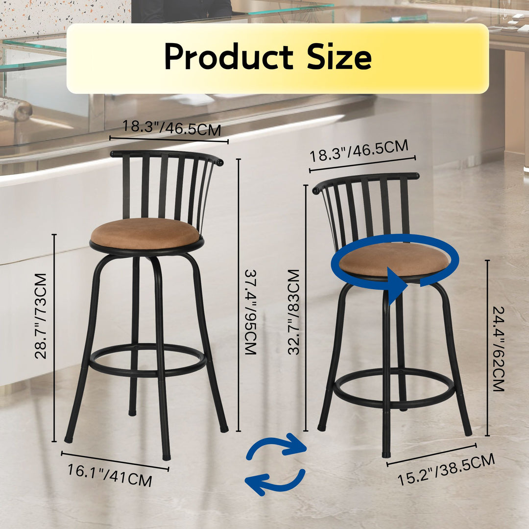 FurnitureR Bar Stools Swivel Set of 3, Adjustable Counter Height Low Back for Kitchen Island Bar Height with Interchangeable Legs, 24/29 Inch, Brown