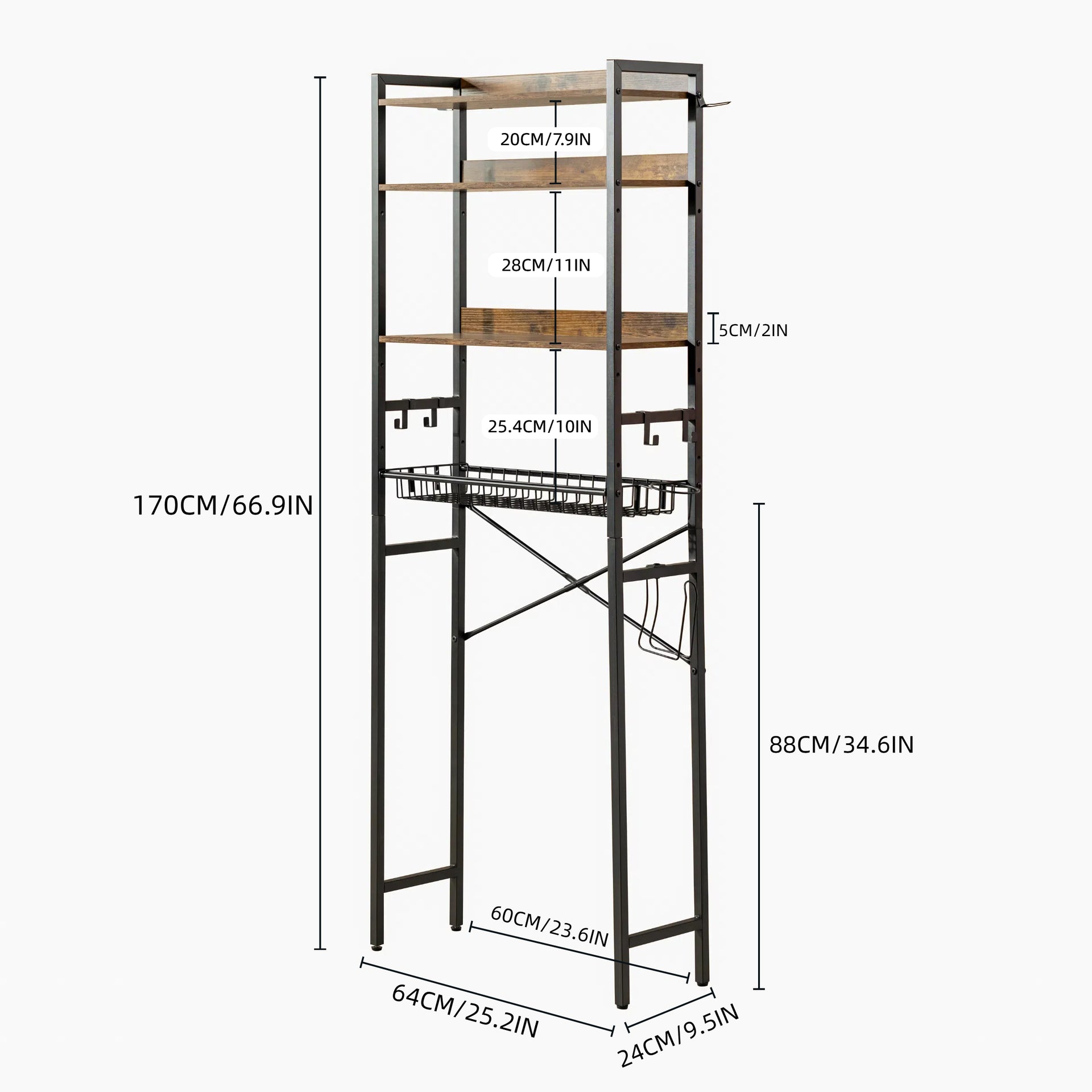 Étagère de rangement à 4 niveaux FurnitureR à placer au-dessus des toilettes, organisateur de salle de bain autoportant avec étagère et panier réglables, étagère gain de place au-dessus des toilettes, marron 