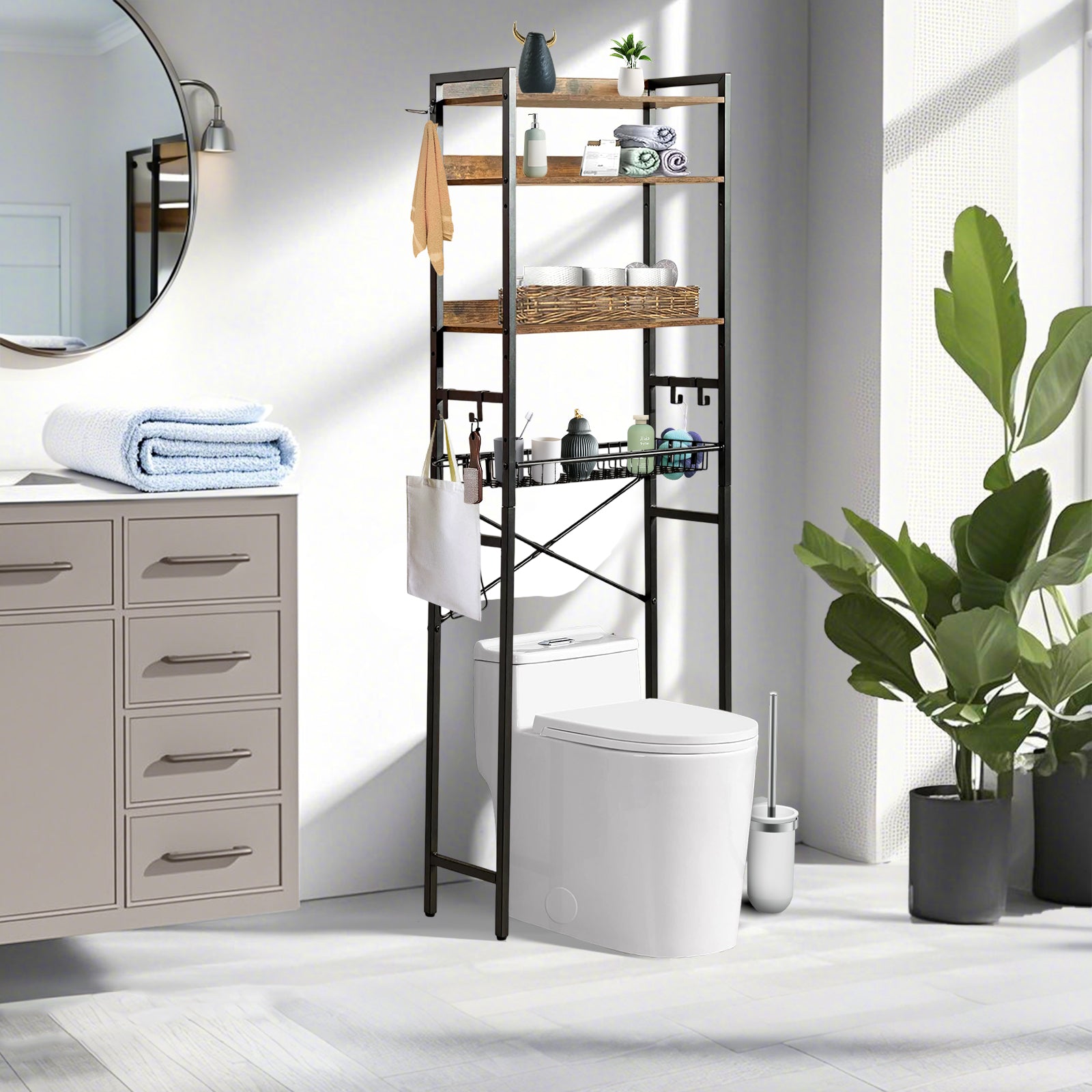Étagère de rangement à 4 niveaux FurnitureR à placer au-dessus des toilettes, organisateur de salle de bain autoportant avec étagère et panier réglables, étagère gain de place au-dessus des toilettes, marron 