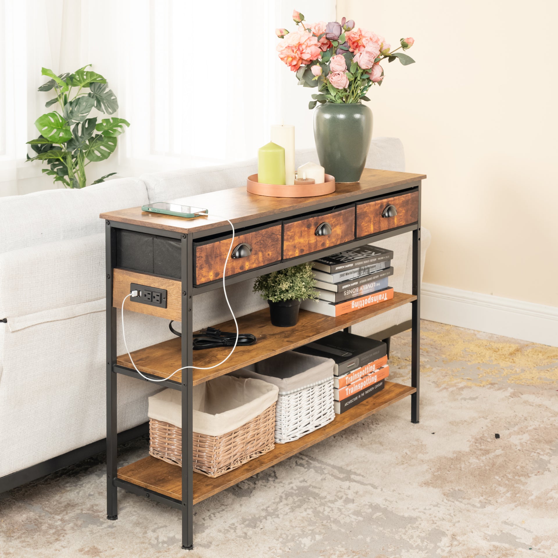 Console FurnitureR de 110 cm (43,3 po) avec prises électriques et ports USB, table d'entrée étroite à 3 niveaux avec 3 tiroirs en tissu et étagères ouvertes, marron 