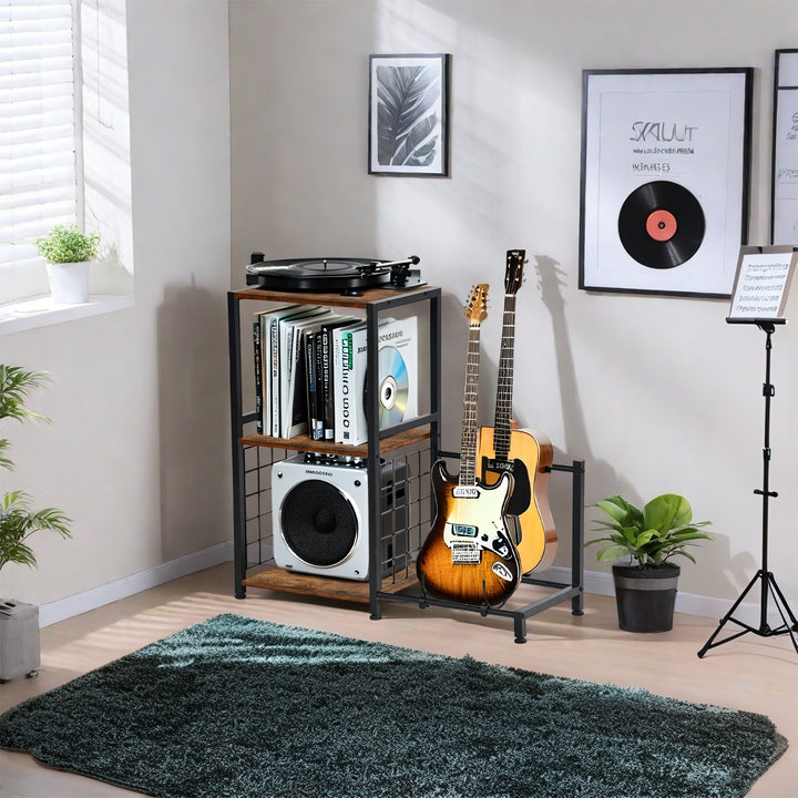 Support de guitare multifonctionnel FurnitureR avec étagères de rangement – ​​Étagère à 3 niveaux de style industriel pour matériel de musique avec plateau en bois, marron
