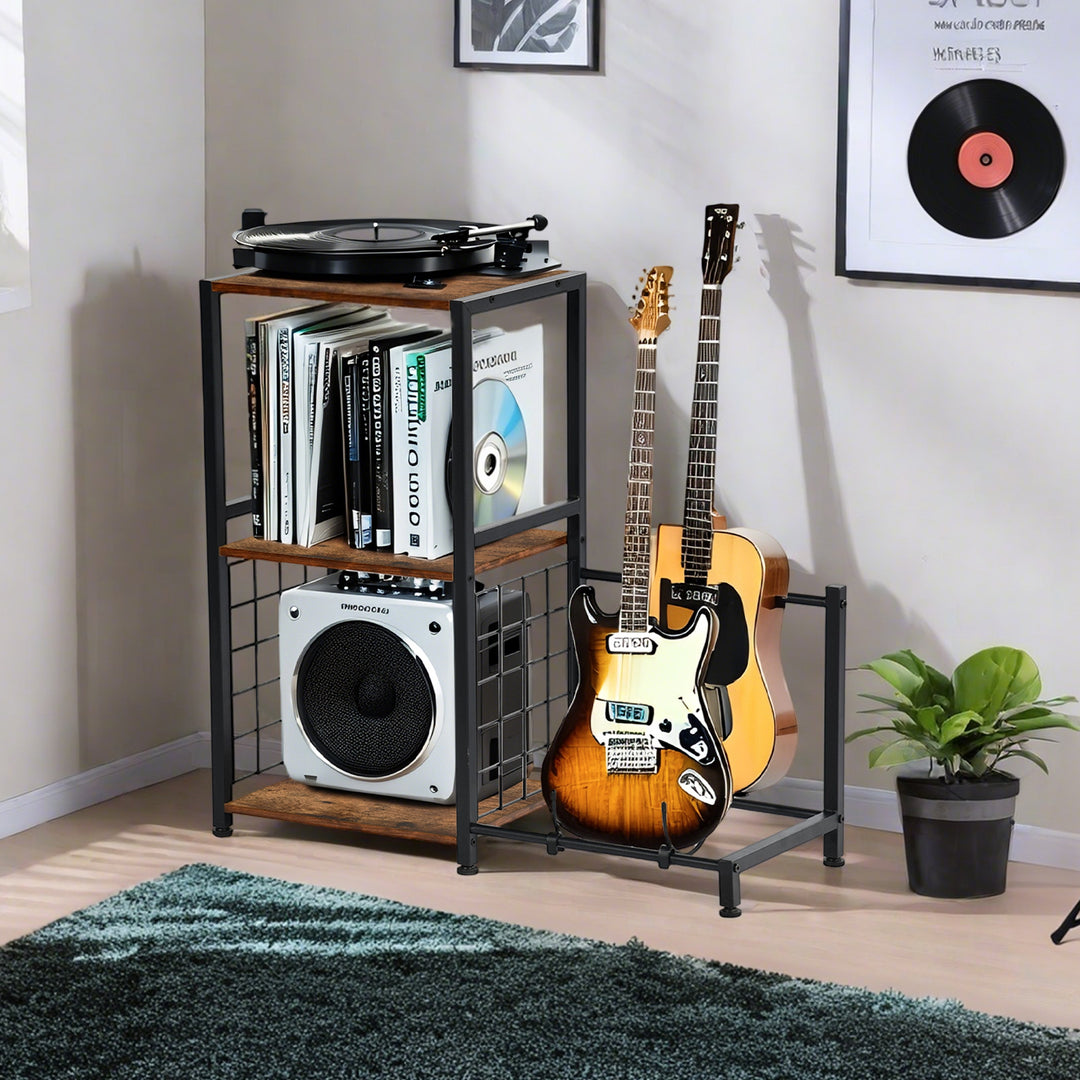 Support de guitare multifonctionnel FurnitureR avec étagères de rangement – ​​Étagère à 3 niveaux de style industriel pour matériel de musique avec plateau en bois, marron