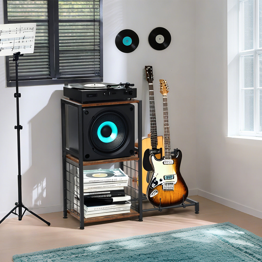 Support de guitare multifonctionnel FurnitureR avec étagères de rangement – ​​Étagère à 3 niveaux de style industriel pour matériel de musique avec plateau en bois, marron