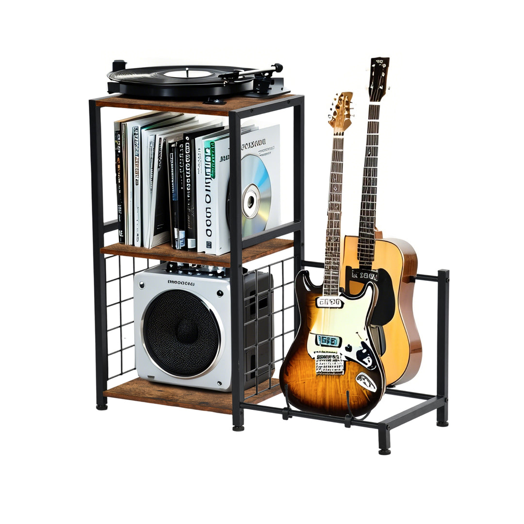 Support de guitare multifonctionnel FurnitureR avec étagères de rangement – ​​Étagère à 3 niveaux de style industriel pour matériel de musique avec plateau en bois, marron