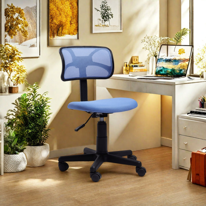 Chaise de bureau FurnituureR à dossier bas, chaise de travail ergonomique sans accoudoirs en maille, pivotante et réglable en hauteur, idéale pour le bureau à domicile ou la chambre, bleue.