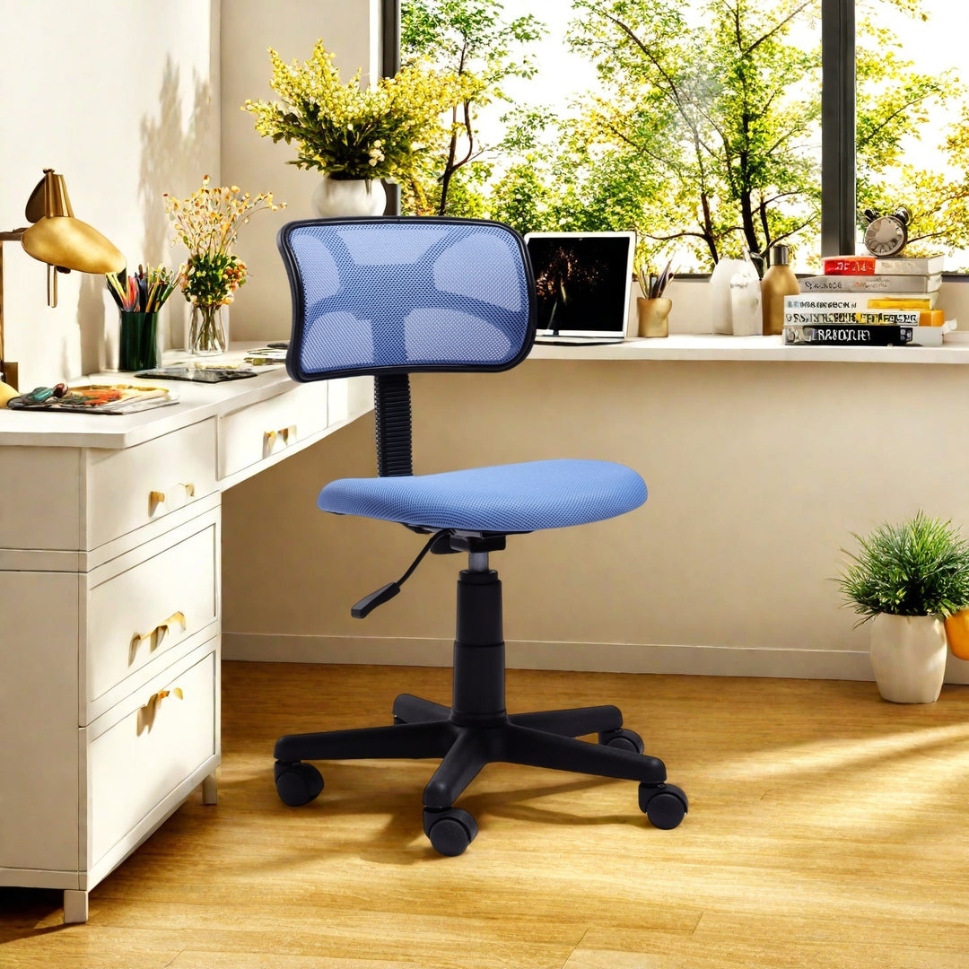 Chaise de bureau FurnituureR à dossier bas, chaise de travail ergonomique sans accoudoirs en maille, pivotante et réglable en hauteur, idéale pour le bureau à domicile ou la chambre, bleue.