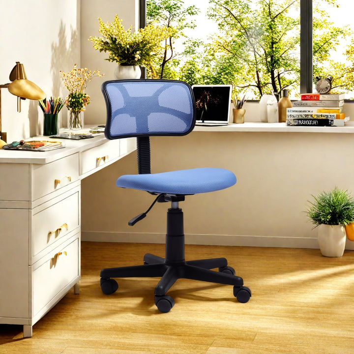 Chaise de bureau FurnituureR à dossier bas, chaise de travail ergonomique sans accoudoirs en maille, pivotante et réglable en hauteur, idéale pour le bureau à domicile ou la chambre, bleue.