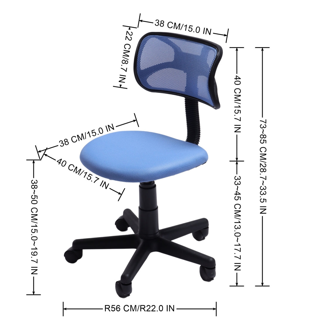 Chaise de bureau FurnituureR à dossier bas, chaise de travail ergonomique sans accoudoirs en maille, pivotante et réglable en hauteur, idéale pour le bureau à domicile ou la chambre, bleue.