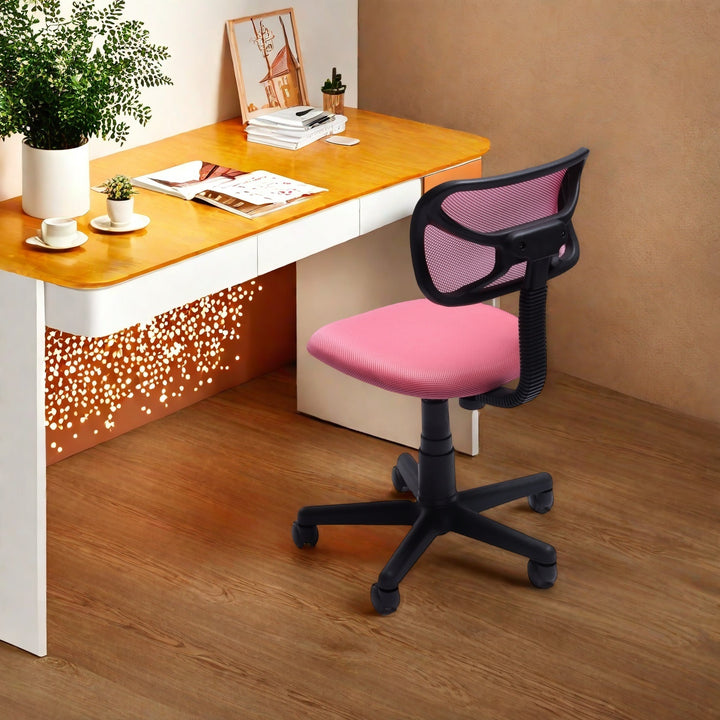 Chaise de bureau FurnituureR à dossier bas, chaise de travail ergonomique sans accoudoirs en maille, pivotante et réglable en hauteur, idéale pour le bureau à domicile ou la chambre, rose.