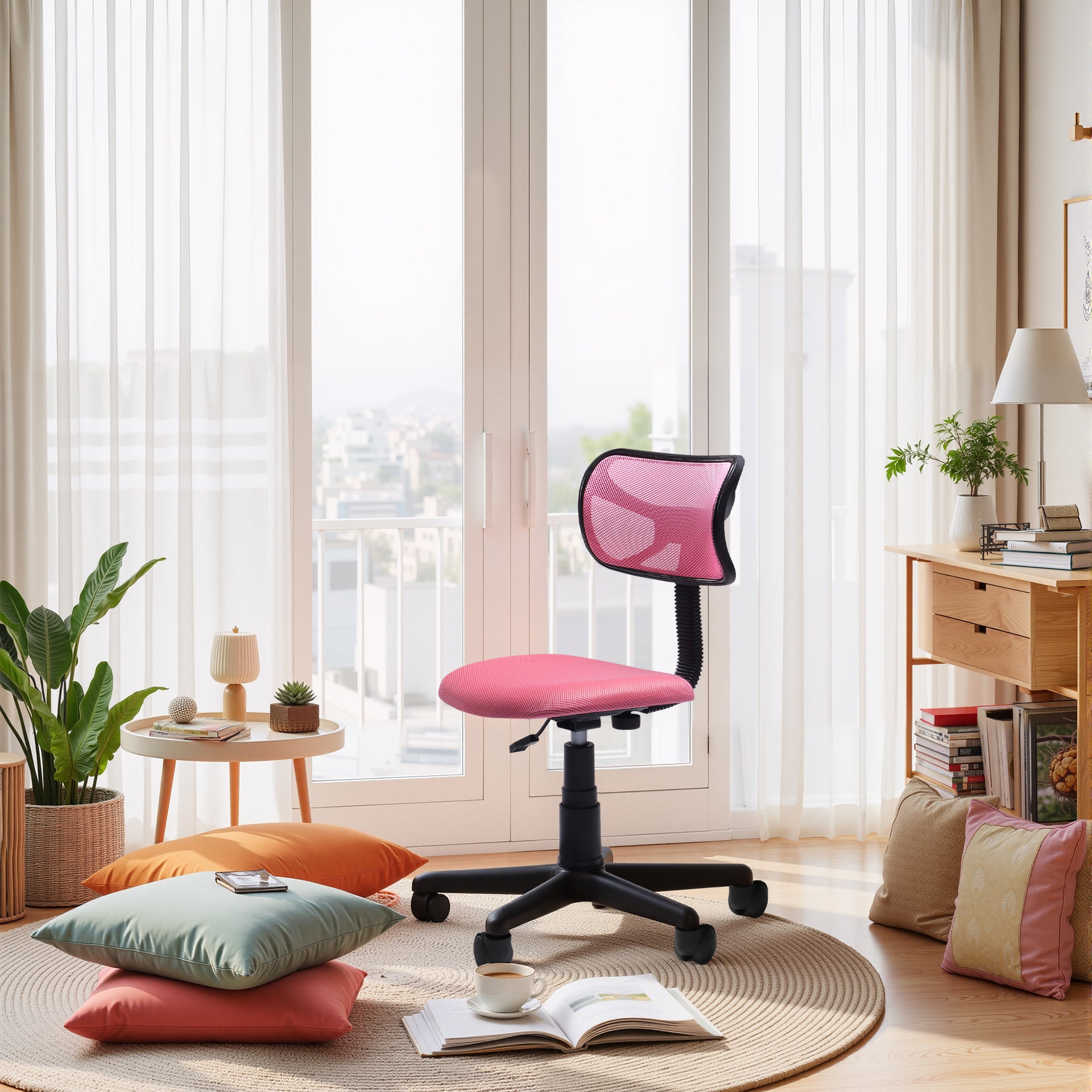 Chaise de bureau FurnituureR à dossier bas, chaise de travail ergonomique sans accoudoirs en maille, pivotante et réglable en hauteur, idéale pour le bureau à domicile ou la chambre, rose.