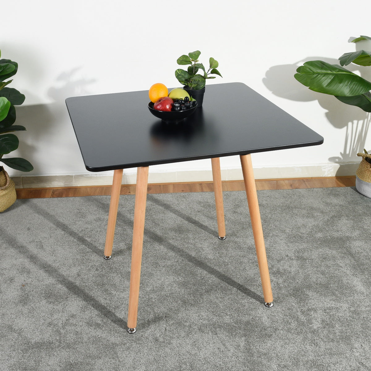 Table de salle à manger carrée FurnitureR de 80 cm (31,5 pouces), style moderne mid-century, pieds en bois, petite table de cuisine pour 2 à 4 personnes, noir et bois naturel