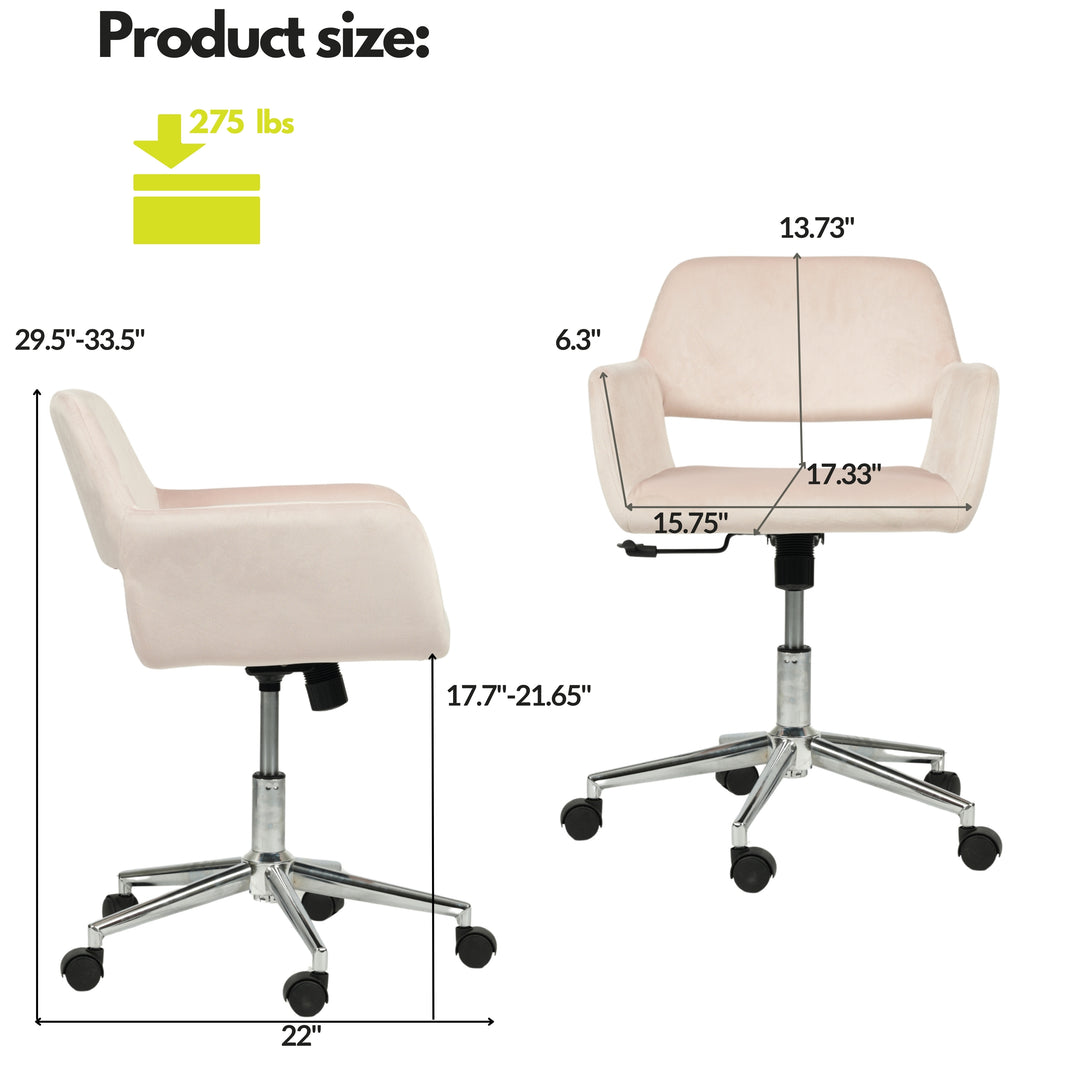 Chaise de bureau FurnitureR, chaise de coiffeuse mi-haute en velours avec roulettes, chaise réglable pour salon, chambre, bureau, rose poudré