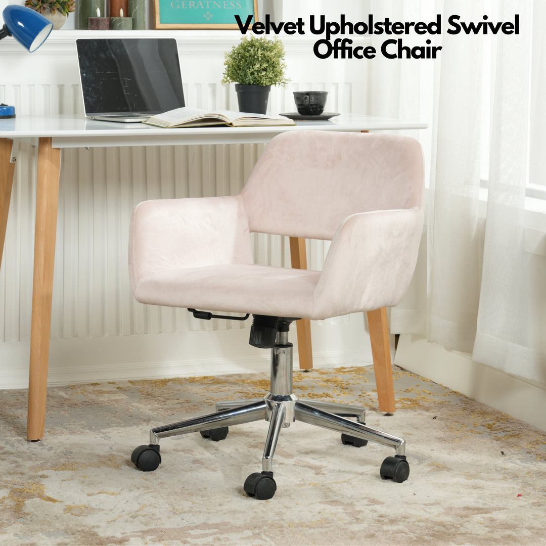 Chaise de bureau FurnitureR, chaise de coiffeuse mi-haute en velours avec roulettes, chaise réglable pour salon, chambre, bureau, rose poudré